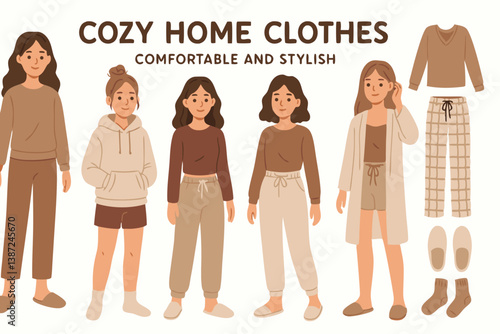 Cozy Home Loungewear Collection Vector Illustration with Stylish Women in Earth Tones Wearing Comfortable Casual Clothing, Hoodies, Joggers, Cardigans and Slippers for Modern Relaxation Lifestyle