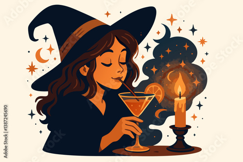 Mystical Witch Sipping Cocktail by Candlelight Vector Illustration with Magical Elements, Halloween Party Concept, Spooky Aesthetic Art with Stars and Moons, Autumn Celebration Decorative Design