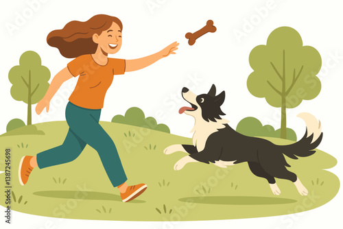 Woman Playing Fetch with Energetic Border Collie in a Sunny Park Landscape