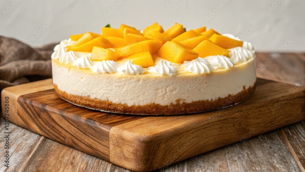 A delicious mango cheesecake topped with fresh mango slices, presented on a wooden board for an appealing dessert display. A delicious mango cheesecake topped with fresh mango slices, presented on a wooden board for an appealing dessert display.