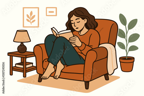 Woman Relaxing in Cozy Armchair Reading a Book at Home with Warm Decor and Indoor Plants