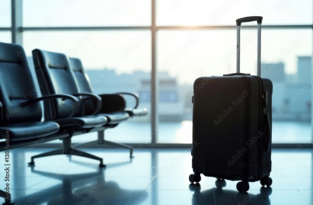 Fototapeta premium Lone suitcase in sunlit airport terminal with empty chairs