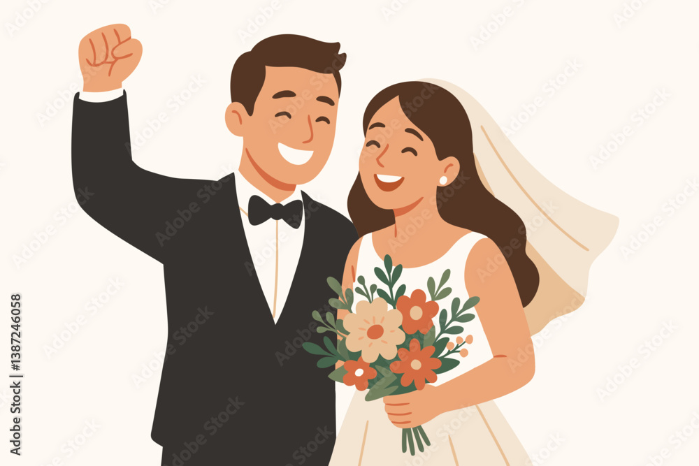 Joyful Newlywed Couple Vector Illustration with Bride in White Dress Holding Colorful Floral Bouquet and Groom in Black Tuxedo Celebrating Marriage with Triumphant Raised Fist Gesture Joyful Newlywed Couple Vector Illustration with Bride in White Dress Holding Colorful Floral Bouquet and Groom in Black Tuxedo Celebrating Marriage with Triumphant Raised Fist Gesture