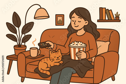 Cozy Movie Night Vector Illustration with Woman Relaxing on Orange Sofa, Ginger Cat, Popcorn Bucket and Hot Beverage, Minimalist Home Interior with Houseplant and Floor Lamp in Warm Earth Tones
