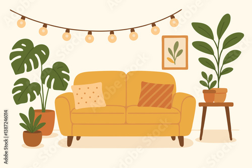 Cozy Scandinavian Living Room Interior with Yellow Sofa, Monstera Plants and String Lights - Minimalist Home Decor Vector Illustration for Modern Apartment Design and Hygge Lifestyle Concept