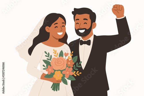 Joyful Diverse Newlyweds Celebrating Marriage: Vector Illustration of Smiling Bride with Floral Bouquet and Groom with Raised Fist, Multicultural Wedding Couple in Elegant Attire