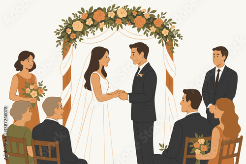 Elegant Wedding Ceremony Vector Illustration with Couple Exchanging Vows Under Floral Arch, Intimate Gathering with Bridesmaids and Groomsmen, Romantic Minimalist Style for Wedding Invitations