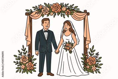 Elegant Wedding Ceremony Vector Illustration with Happy Newlyweds Under Floral Arch, Romantic Bride and Groom Holding Hands at Rustic Wooden Altar with Peach Roses and Greenery, Minimalist Wedding