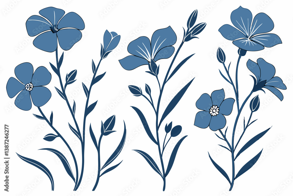 Fototapeta premium set of Blue Flax Flower silhouette vector illustration
