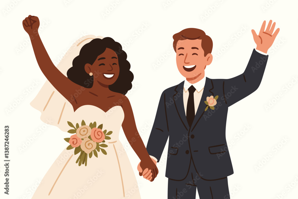 Joyful Interracial Wedding Couple Holding Hands, Bride in White Gown and Groom in Suit Celebrating Love and Unity Joyful Interracial Wedding Couple Holding Hands, Bride in White Gown and Groom in Suit Celebrating Love and Unity