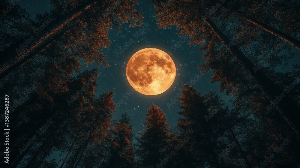 Naklejka premium Full orange moon, mystical forest night