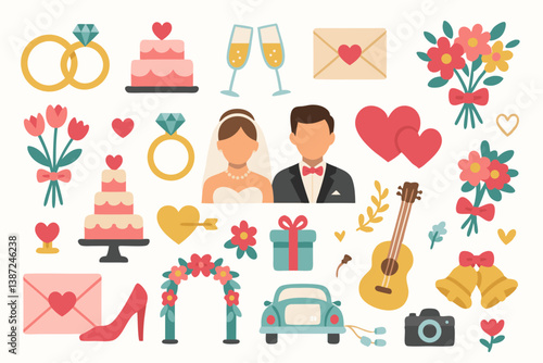 Romantic Wedding Vector Icons Set: Bride and Groom, Rings, Cake, Flowers, Hearts, Champagne, Car, and More - Cute Flat Design Elements for Invitations, Cards, and Decorations