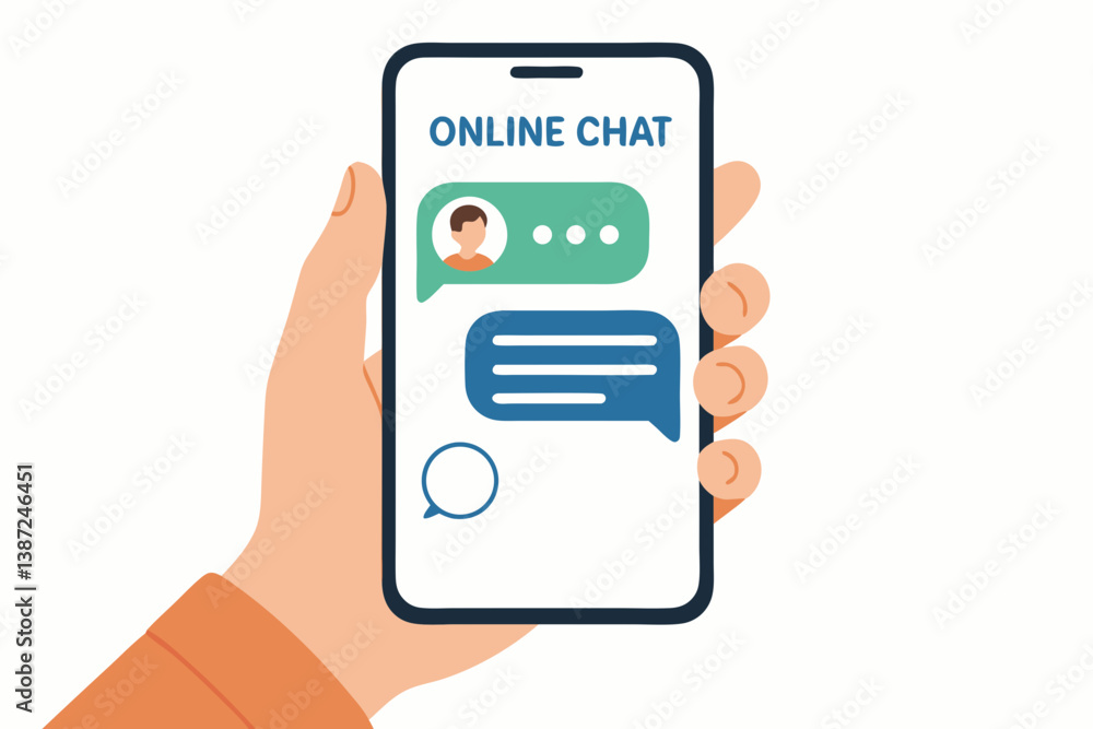 Modern Smartphone Messaging Interface with Online Chat Application Display Showing Text Bubbles and User Avatar in Hand Vector Illustration for Mobile Communication Apps and Digital Conversation Modern Smartphone Messaging Interface with Online Chat Application Display Showing Text Bubbles and User Avatar in Hand Vector Illustration for Mobile Communication Apps and Digital Conversation
