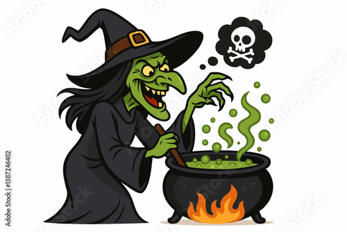 Spooky Green Witch Brewing Magical Potion in Cauldron with Skull Thought Bubble, Halloween Character Vector Illustration for Seasonal Decoration, Children's Books, Party Invitations, and Fantasy Theme
