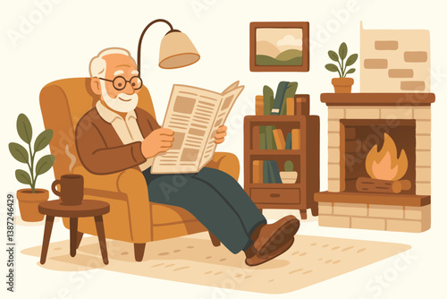 Cozy Home Interior with Elderly Man Reading Newspaper in Armchair by Fireplace, Warm Living Room Scene with Bookshelf, Houseplants, and Reading Lamp, Comfortable Retirement Lifestyle Illustration