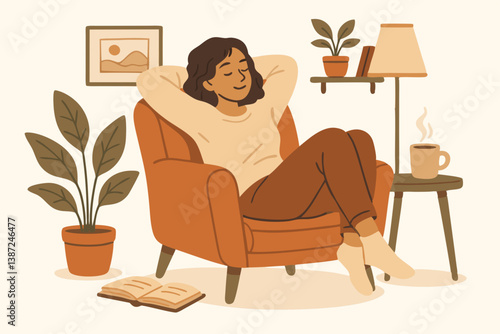 Serene Woman Relaxing in Cozy Armchair: Modern Living Room Interior with Houseplants, Coffee, and Book - Minimalist Lifestyle Illustration for Wellness, Self-Care, and Home Decor Concepts
