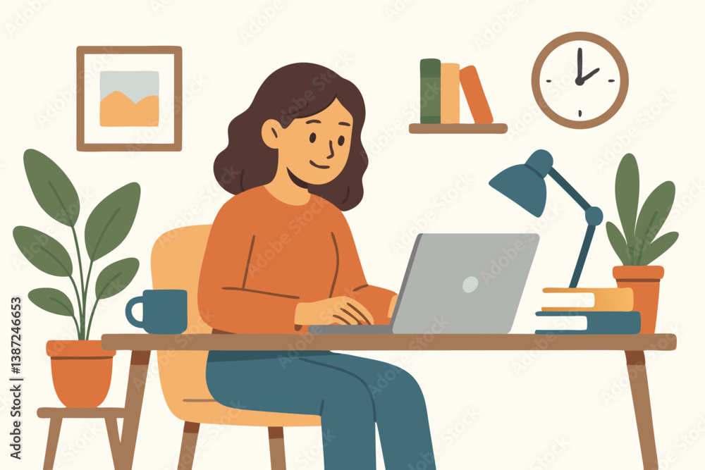 Cozy Home Office Workspace with Woman Working on Laptop, Surrounded by Plants, Books, and Minimalist Decor Cozy Home Office Workspace with Woman Working on Laptop, Surrounded by Plants, Books, and Minimalist Decor