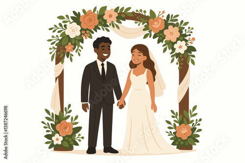 Elegant Diverse Wedding Couple Standing Under Floral Arch Illustration, Romantic Bride and Groom Holding Hands at Ceremony, Peach and White Flowers, Minimalist Vector Design for Invitations