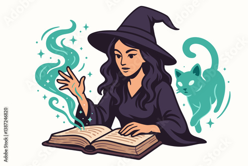 Enchanting Witch Casting Magic with Open Spellbook and Ghostly Cat Companion in Mystical Illustration
