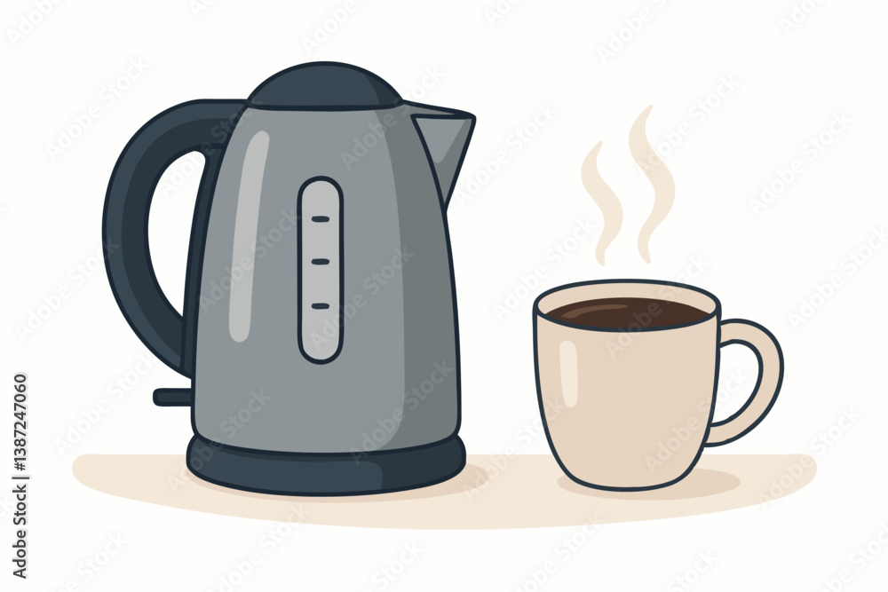 Minimalist Illustration of Electric Kettle and Steaming Coffee Mug for Kitchen and Beverage Concepts