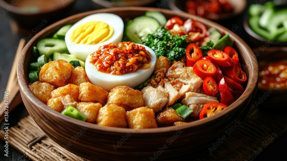 Colorful, healthy bowl with protein, vegetables, and sauce Colorful, healthy bowl with protein, vegetables, and sauce