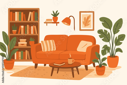 Cozy Modern Living Room Interior with Orange Sofa, Houseplants and Wooden Bookshelf, Minimalist Scandinavian Home Decor with Natural Elements, Warm Color Palette Vector Illustration