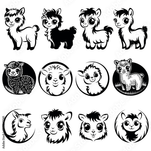 set of cute outline characters alpaca