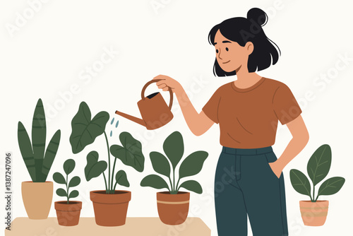 Woman Watering Indoor Plants in Modern Minimalist Style, Nurturing Greenery with Potted Houseplants on Wooden Table