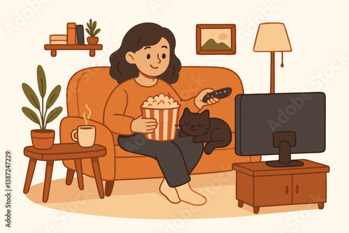 Cozy Movie Night at Home with Popcorn, Cat, and Relaxing Atmosphere in a Warm Living Room Setting