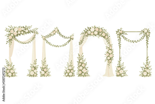 Elegant Floral Wedding Arch Collection with Cream Roses and Greenery Garlands, Romantic Wedding Ceremony Decoration Set, Botanical Wedding Arches with Draped Fabric, Bridal Backdrop Illustrations