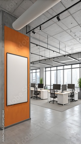 Bright office interior with blank poster on orange and gray wall, open-plan workspace, large modern desks, contemporary furniture and natural light from tall windows