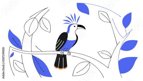 blue and black crested bird illustration perched serenely branch with leaves against transparency background simple modern graphic design