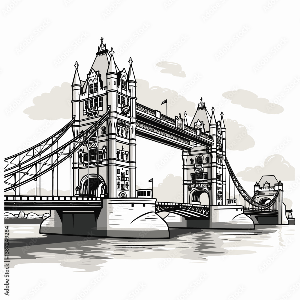 Obraz premium Tower Bridge hand-drawn comic illustration. Tower Bridge. Vector doodle style cartoon illustration