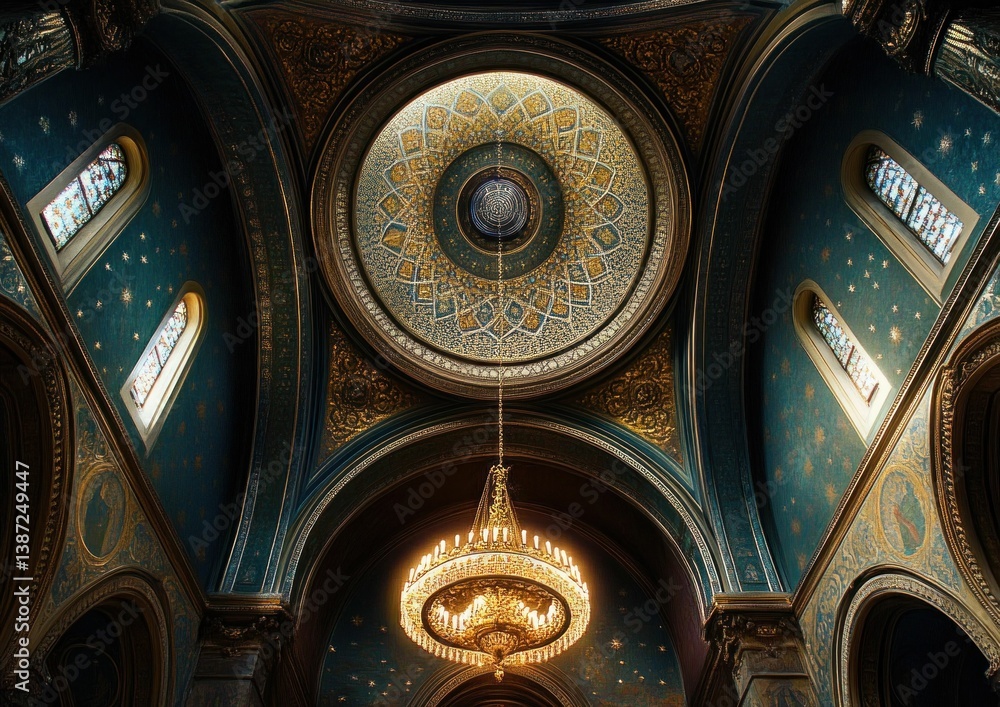Fototapeta premium Majestic Interior with Ornate Dome and Radiant Chandelier Illuminating Splendor