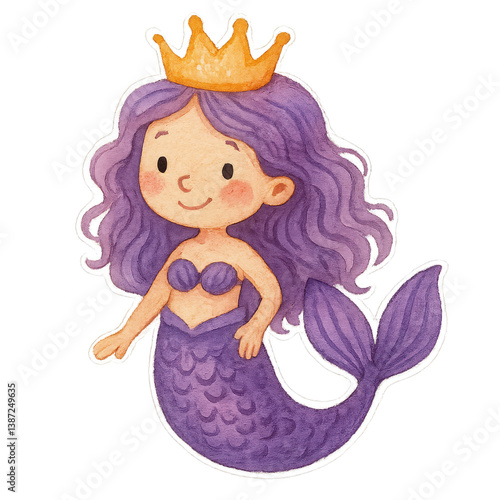 Cute Purple Mermaid With Crown Swimming in an Underwater Fantasy World