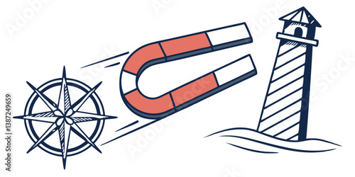 Magnet Compass Lighthouse Vector Illustration for Nautical Themes and Designs