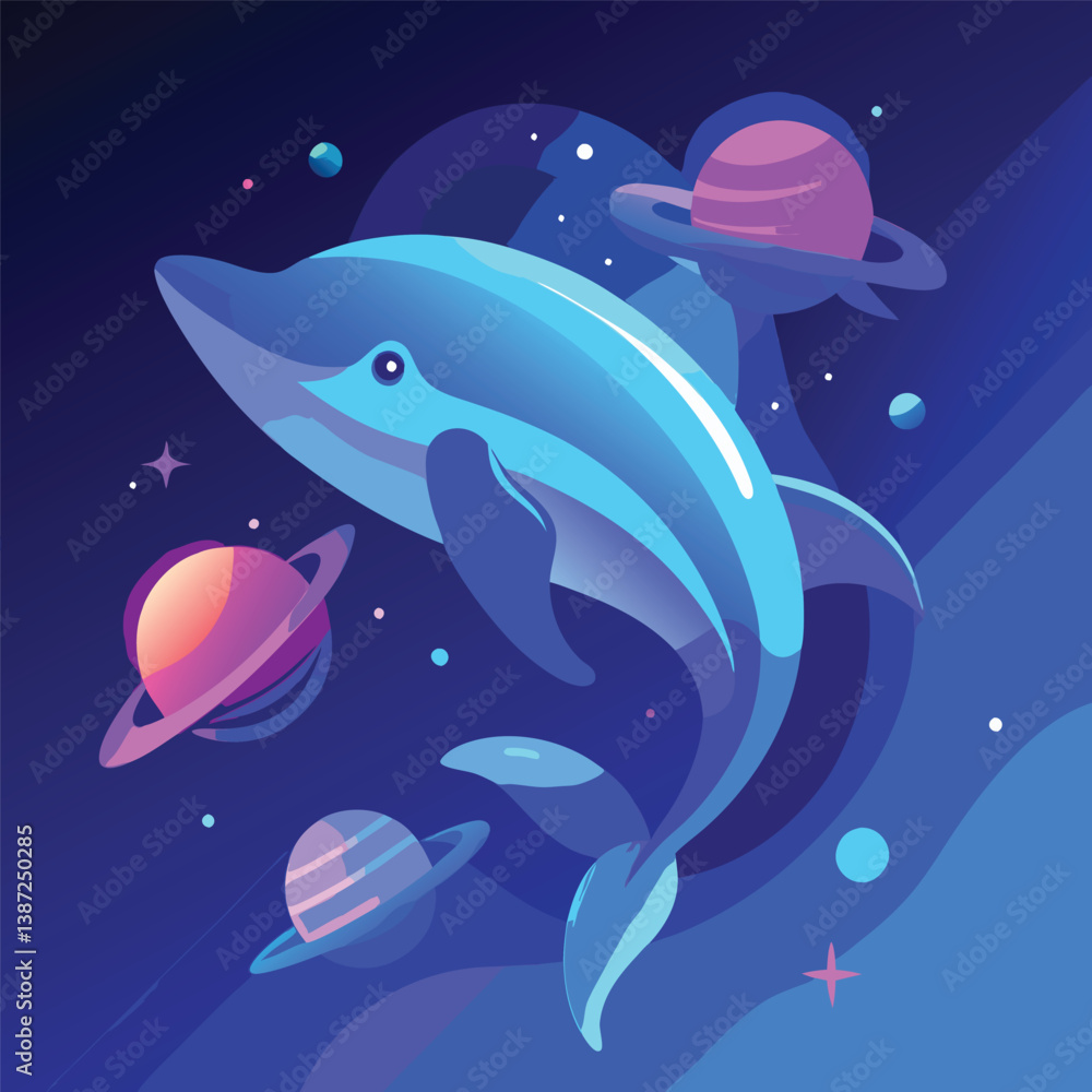 Obraz premium Surreal Space Dolphin Illustration – Cosmic Ocean Animal with Planets, Stars, and Vibrant Colors in Fantasy Style.