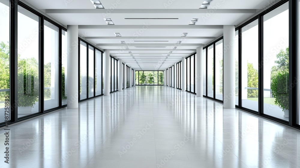 Empty modern office space with large windows overlooking a garden Empty modern office space with large windows overlooking a garden