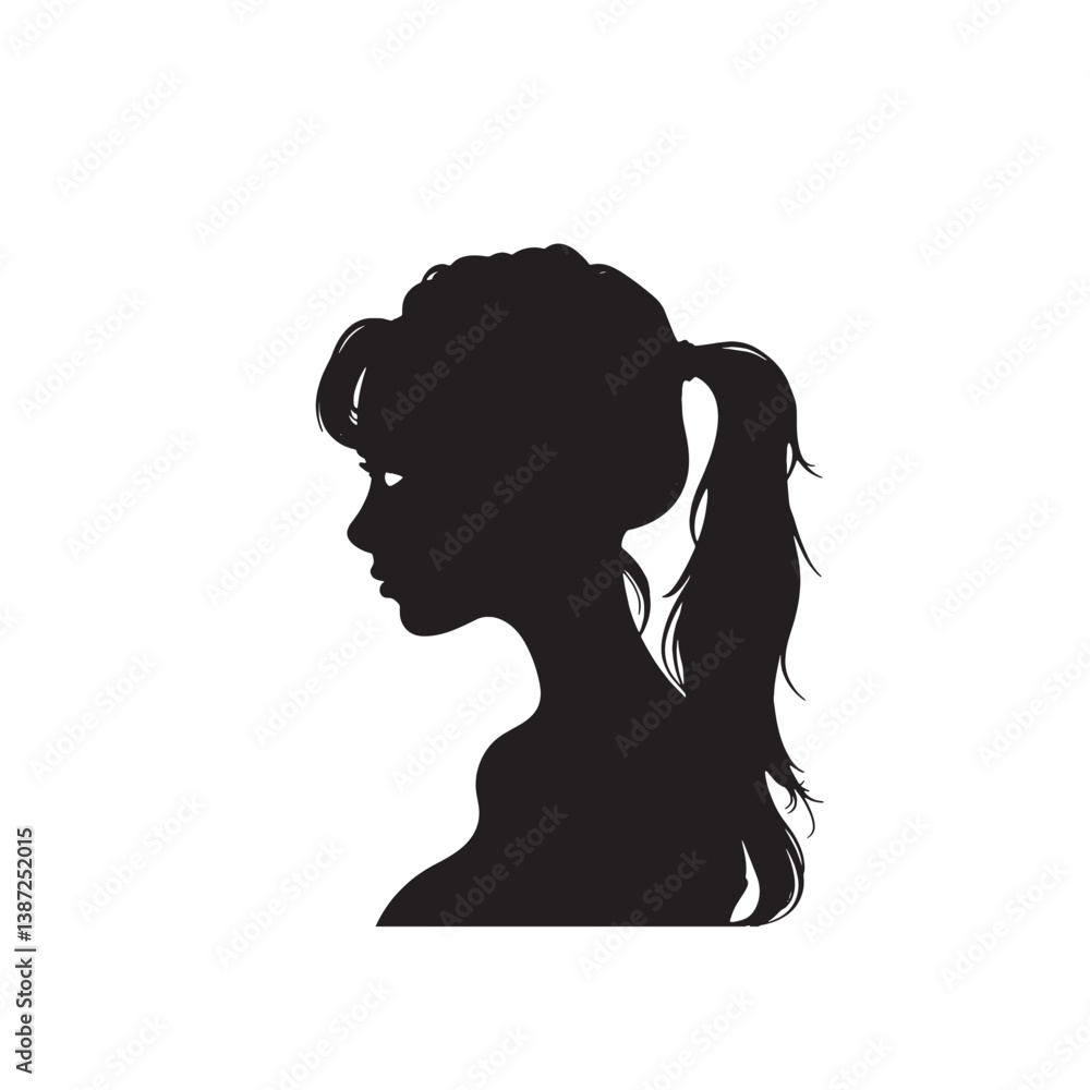 A black vector silhouette illustrates the elegant profile of a beautiful woman with long flowing hair A black vector silhouette illustrates the elegant profile of a beautiful woman with long flowing hair