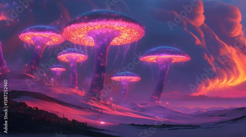 Wallpaper Mural A surreal desert landscape where enormous, glowing mushrooms replace cacti, illuminating the dunes with an otherworldly glow. Torontodigital.ca