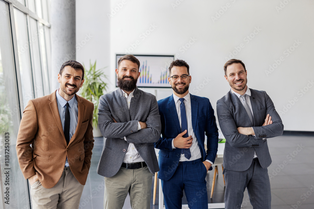 Male experts standing at boardroom and smiling at camera. Male experts standing at boardroom and smiling at camera.