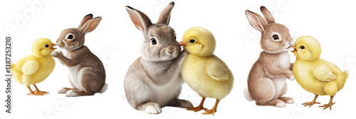 Set of A rabbit and a chick gently touching each other's faces isolated on a transparent background