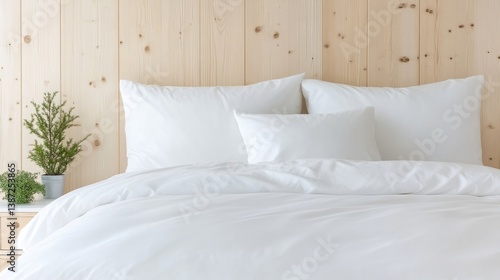 Wallpaper Mural Simple, peaceful bedroom with white bedding and a light wood wall Torontodigital.ca