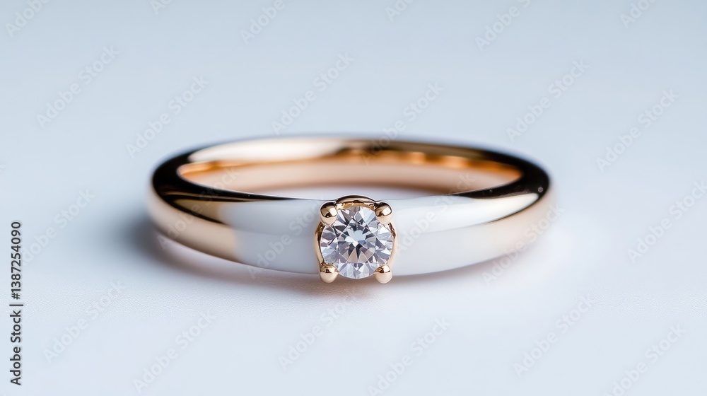 A rose gold and white ceramic ring features a single diamond. The ring is elegantly displayed on a white background. The image is high-resolution with excellent lighting. Its style is minimalist and A rose gold and white ceramic ring features a single diamond. The ring is elegantly displayed on a white background. The image is high-resolution with excellent lighting. Its style is minimalist and