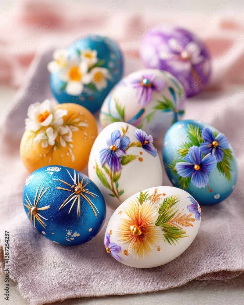 Fototapeta premium Decorative Easter eggs adorned with floral designs on a cloth 