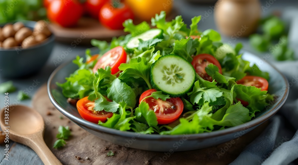 Fresh Green Salad with Tomatoes and Cucumbers Fresh Green Salad with Tomatoes and Cucumbers