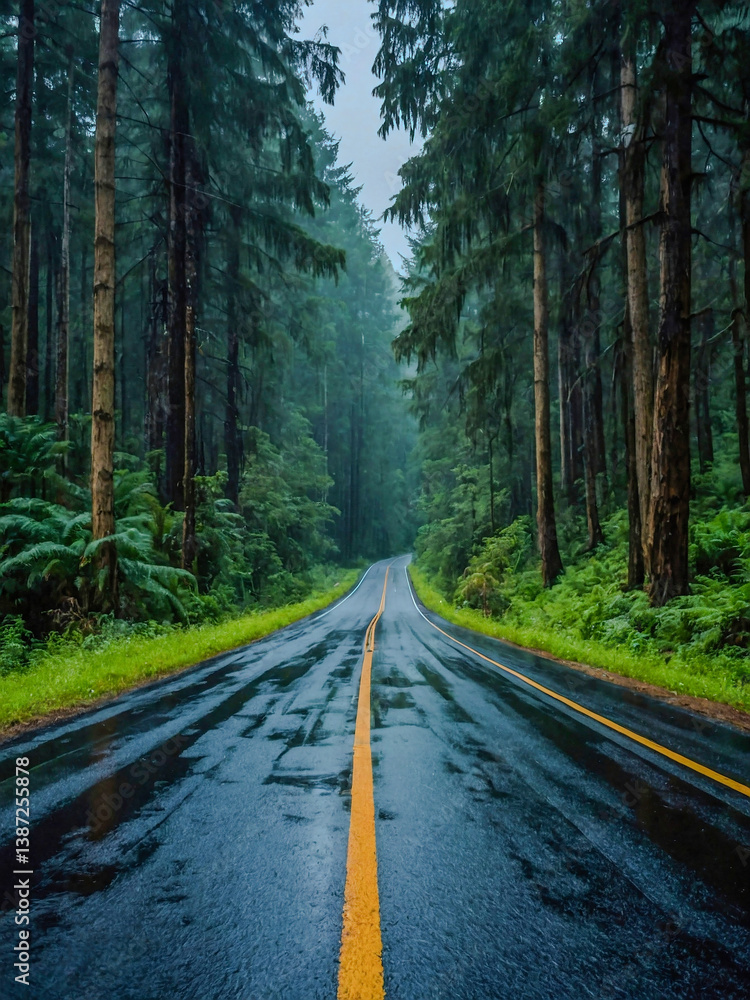 Obraz premium Rain-soaked forest road view from a car.