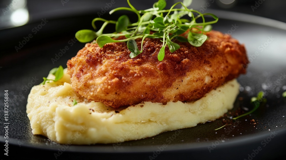 A crispy fried chicken breast with mashed potatoes. Featuring comfort and flavor A crispy fried chicken breast with mashed potatoes. Featuring comfort and flavor
