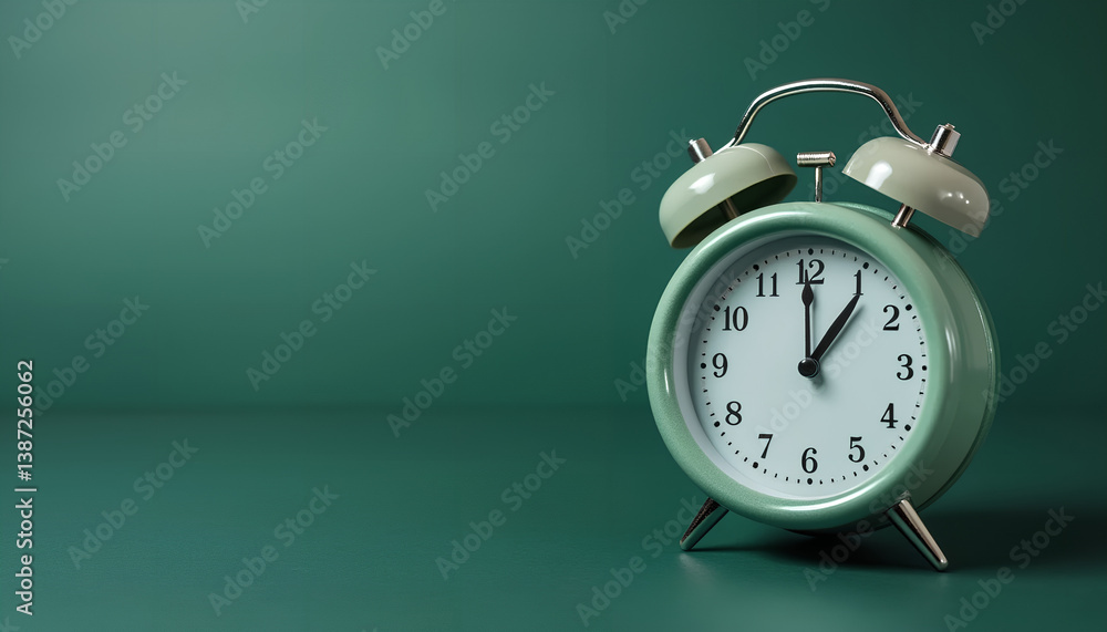 Stylish Alarm Clock on Dark Green Surface, Generative AI Stylish Alarm Clock on Dark Green Surface, Generative AI