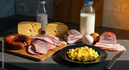 Carnivore diet. A beautifully arranged table with a variety of meats and cheeses